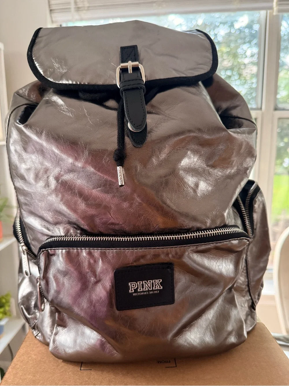 PINK Victoria's Secret Metallic Pewter Backpack with Black Trim